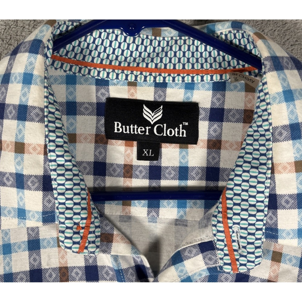 Butter Cloth Mens XL Button Down Shirt Long Sleeve Blue Plaid Cotton Geometric - Picture 3 of 15